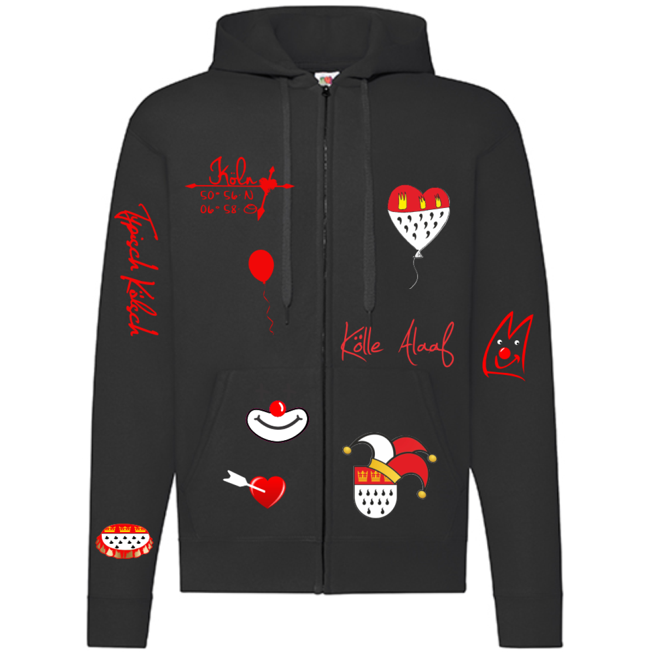 Karneval Sweatshirt Jacke - Schwarz - Unisex - mit wählbaren Kölle Motiven