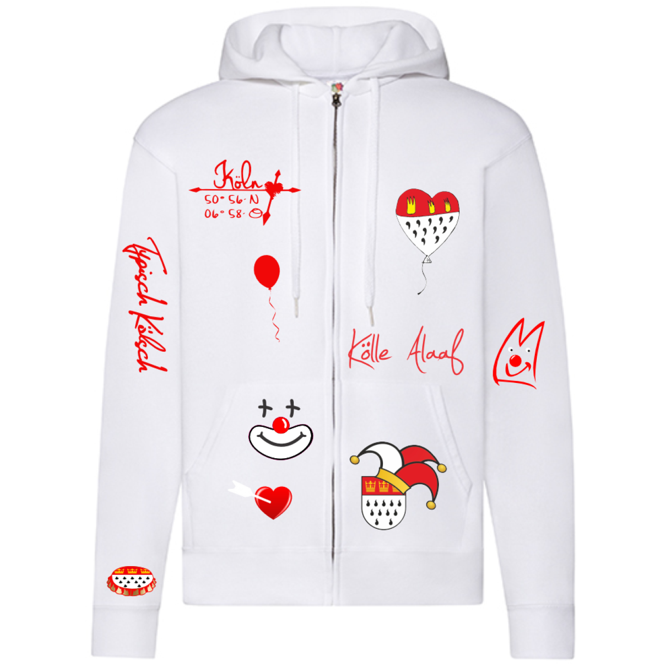 Karneval Sweatshirt Jacke - Weiß - Unisex - mit wählbaren Kölle Motiven