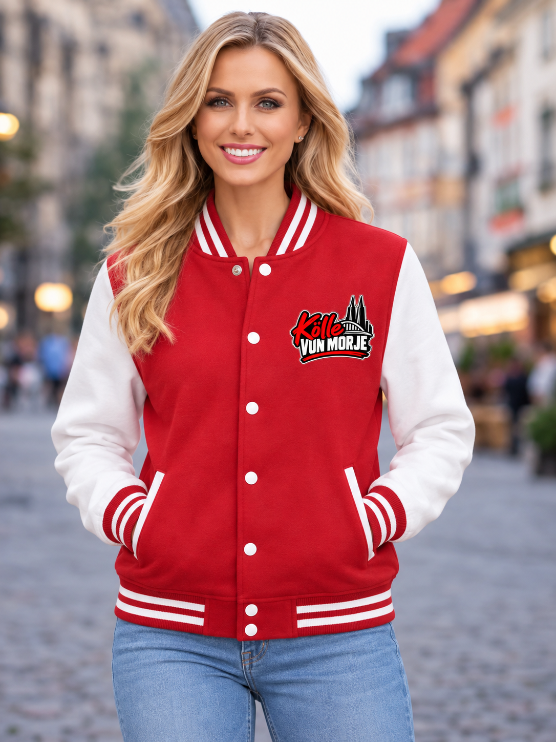 Collegejacke „Kölle vun Morje“ – Rot/Weiß – Damen