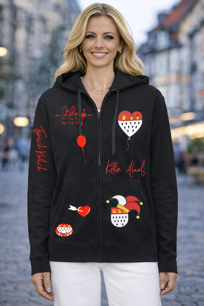 Karneval Sweatshirt Jacke - Schwarz - Unisex - mit wählbaren Kölle Motiven